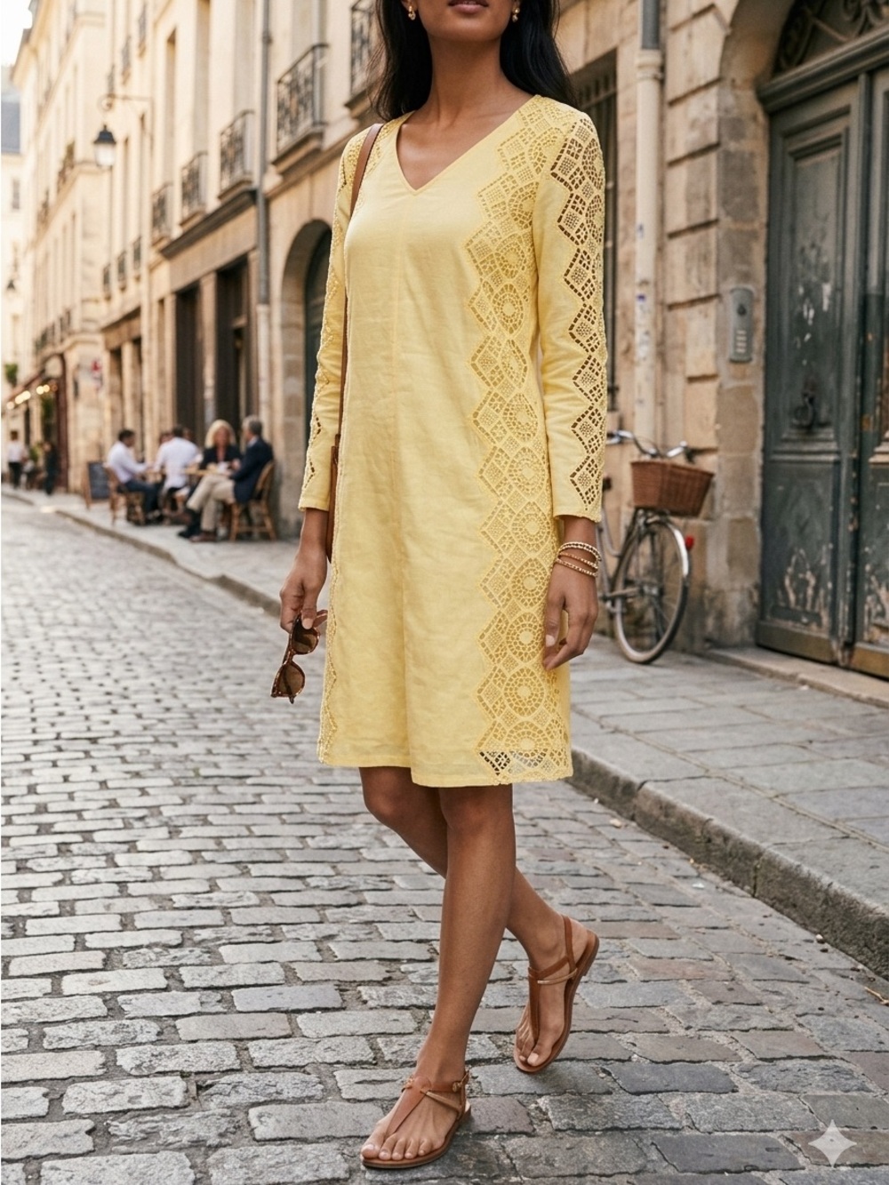 Yellow Lace Embroidered Long Sleeve Dress